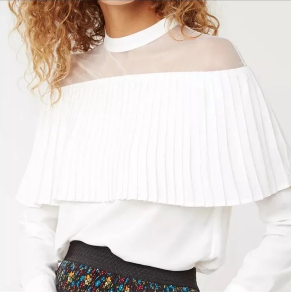 NWT Maje Lemia Pleated Ruffle Overlay Mesh Ecru White Blouse Maje 2 (Medium)
